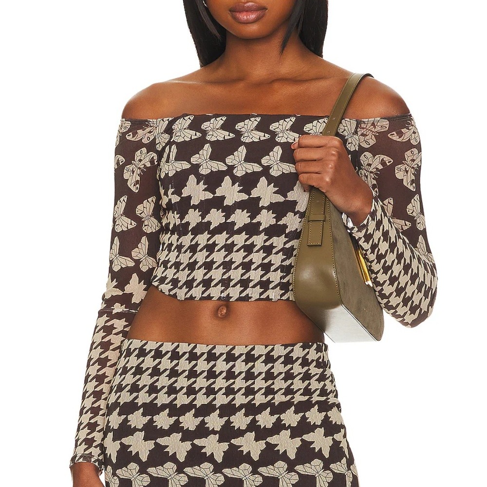 Camila Coelho | Antonina Mesh Corset Off Shoulder Top in Brown Butterfly - Picture 2 of 7